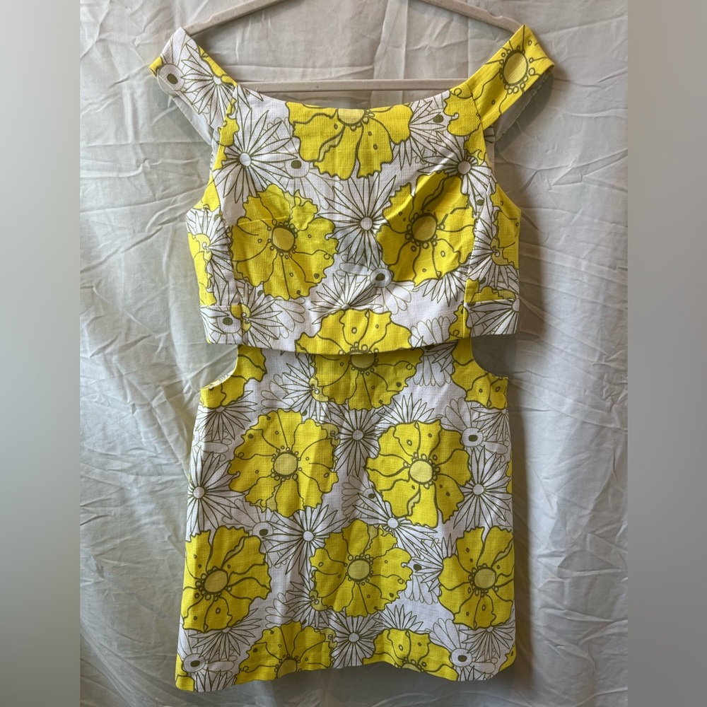 Floral Yellow and off-white, off the shoulder cutout Topshop dress